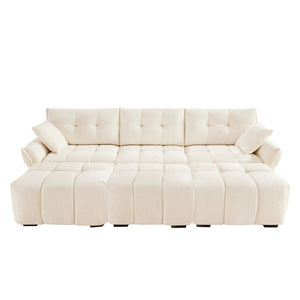 English Elm 3 Seater Chenille Sofa Set with Ottomans Tufted Arms Solid Wood Frame Lounge Ready White W714S01655