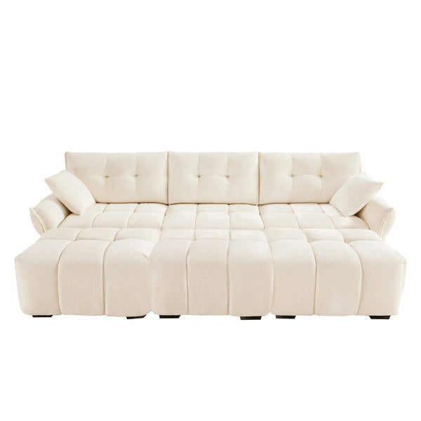 English Elm 3 Seater Chenille Sofa Set with Ottomans Tufted Arms Solid Wood Frame Lounge Ready White W714S01655