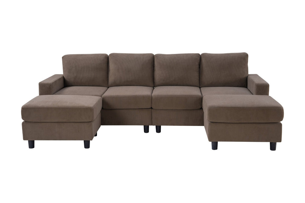English Elm 98.8" Corduroy U-shaped Sectional with Modular Ottomans and Dense Foam for Family Rooms Brown W5515S00032