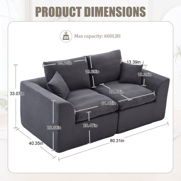 English Elm UNITED Cloud Couch Modular Sectional Sofa with Corduroy Cover, Ergonomic 2-Seater, No Assembly Needed Dark Gray W1568P371127