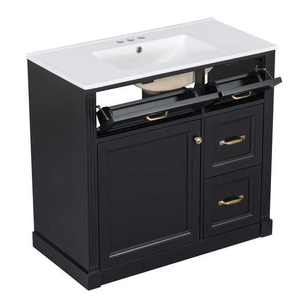 English Elm 36 Inch Bathroom Vanity With Sink & Soft-Close Drawers - Modern Black Cabinet For Smart Storage N725P336549B