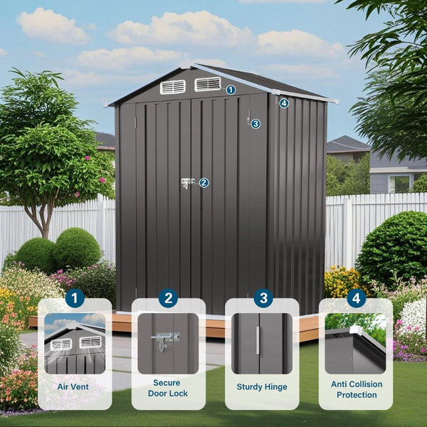 English Elm 5x3 Ft Galvanized Steel Outdoor Storage Shed with Peaked Roof and Lockable Door W3213P309352