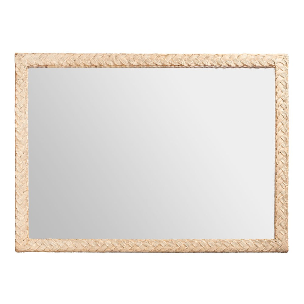 English Elm Japandi Braided Rattan Rectangular Wall Mirror Natural Wood Frame Bedroom Entryway B2750P467767