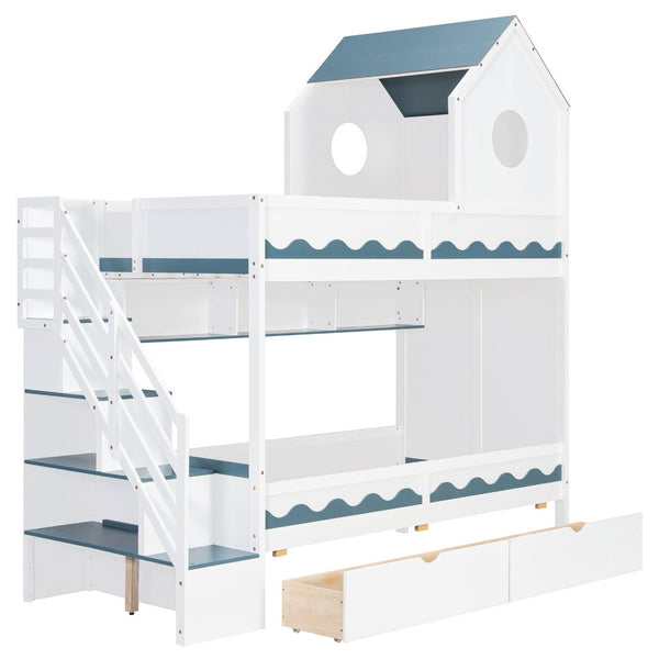 English Elm Twin Over Kids Bunk Bed with Castle Roofline Led Lights and Staircase Storage White N820S00068K