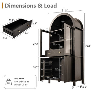 English Elm 71" Arched Glass Barn Door Pantry Cabinet Farmhouse Mdf Storage for Kitchen Dining Black W2917S00014