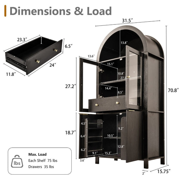 English Elm 71" Arched Glass Barn Door Pantry Cabinet Farmhouse Mdf Storage for Kitchen Dining Black W2917S00014