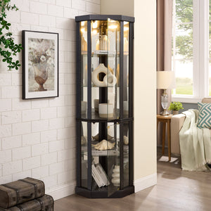 English Elm Lighted Corner Curio Cabinet - Stunning Display Case With Built-In Lighting For Antiques & Wine Storage W1758P300102