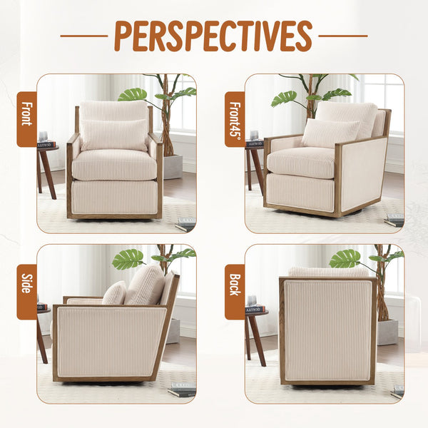 English Elm Corduroy Swivel Barrel Chair with Plush Foam Cushion, 360° Metal Base, Durable Hardwood Frame, Cozy Sitting Experience Beige W395P209380