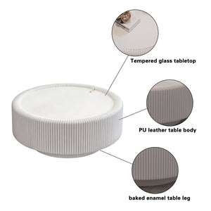 English Elm Black Round Fluted Pu Leather Coffee Table Tempered Glass Top Hidden Storage Modern Cream White W3081P428979