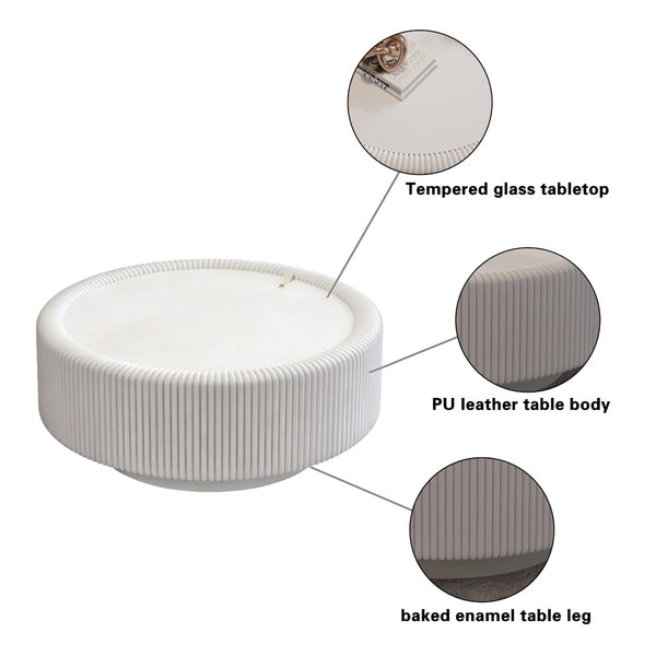 English Elm Black Round Fluted Pu Leather Coffee Table Tempered Glass Top Hidden Storage Modern Cream White W3081P428979