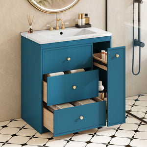 English Elm 30'' Modern Bathroom Vanity With Ceramic Sink, Durable Blue Finish & Ample Storage For Essentials N710P228374C