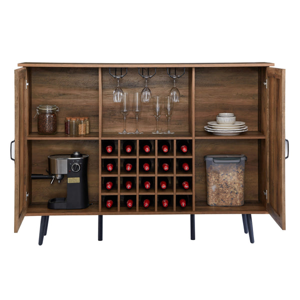 English Elm Oak Rustic Wine Cabinet with Faux Rattan Barn Doors, 20-Bottle Rack, Glass Holders, Adjustable Shelves W2702P183971