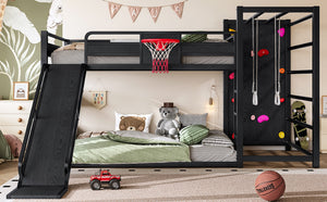English Elm Twin Metal Loft Bed with Slide Basketball Hoop Climbing Wall and Built-in Shelves W1580S00343