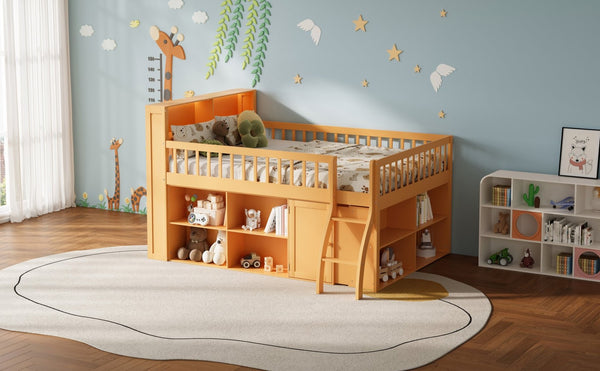 English Elm Full Size Kids Loft Bed with Led Headboard Open Shelving and Natural Wood Frame Natural N7090005024N