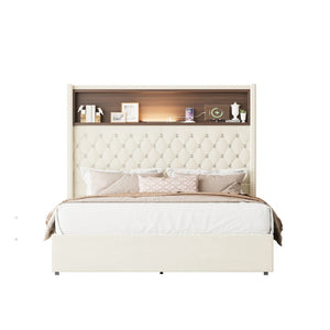 English Elm Full Velvet Wingback Platform Bed Tufted Headboard Shelf Usb Port Rivet Trim N733P368653A