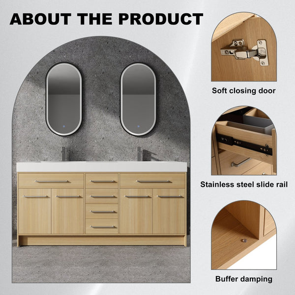 English Elm 72" Freestanding Bathroom Vanity with Double Resin Sink, Original Oak Finish, 4 Doors & 6 Drawers, Soft-Close W1972P315234
