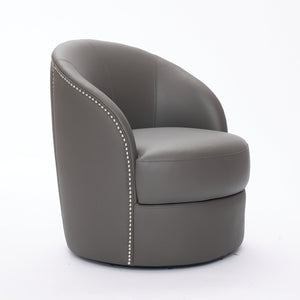English Elm Gray Top-Grain Leather Swivel Accent Chair with 360° Smooth Spin, Riveted Mid-Century Lounge for Living Room/Office - Durable 150kg Capacity W570P386953