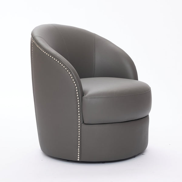 English Elm Gray Top-Grain Leather Swivel Accent Chair with 360° Smooth Spin, Riveted Mid-Century Lounge for Living Room/Office - Durable 150kg Capacity W570P386953