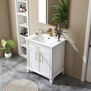 English Elm 27.8" Mid-century Freestanding Bathroom Vanity with Ceramic Sink Drawer and Wood Base White W1801S00004