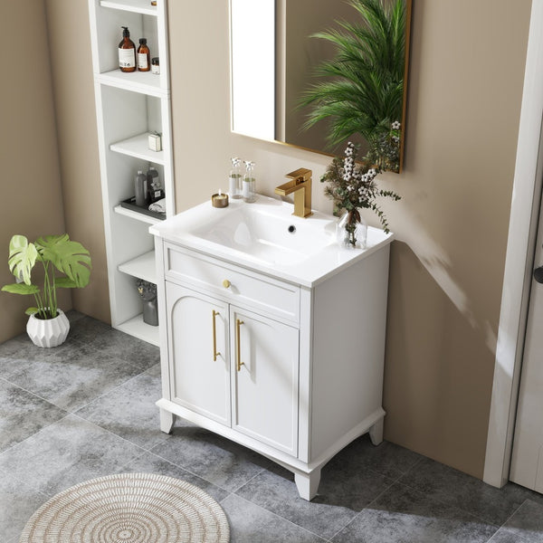 English Elm 27.8" Mid-century Freestanding Bathroom Vanity with Ceramic Sink Drawer and Wood Base White W1801S00004