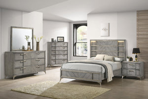 English Elm Gray Queen Storage Bed with Lighted Headboard, Book-Matched Veneer, 2 Drawers & Metal Accents B2699S00033