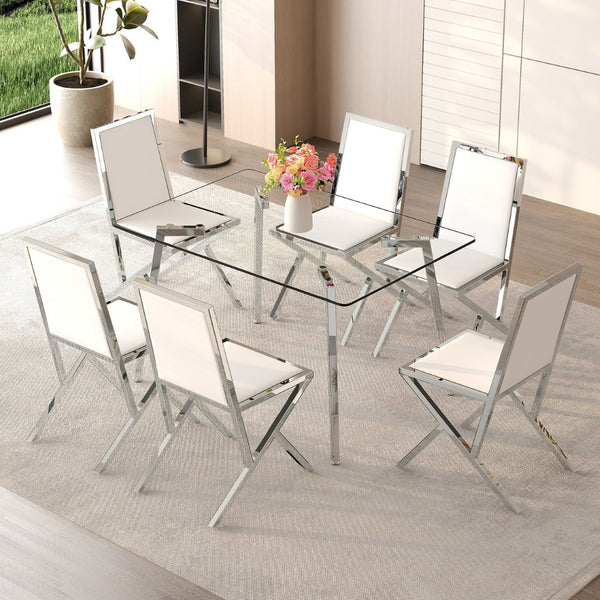 English Elm Table and Chair Set Round Walnut Mdf Top Six Seat Dining with Gold Accent Legs Transparent,White+Silver W1151S04789