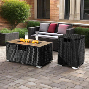 English Elm 32" Outdoor Propane Fire Pit Table with Ceramic Top, 50,000 BTU Stainless Steel Burner, Wicker Base and Tank Cover Dark Gray W853P202194
