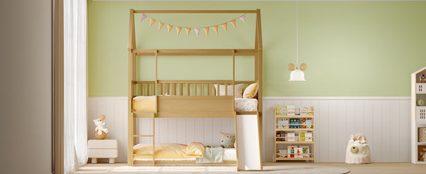 English Elm House Twin Bunk Bed with Built-In Slide and 3-Stage Ladder, Pine French Design with High Guardrail Safety Natural Wood W1858P241096