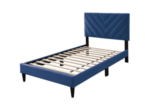 English Elm 1pc Twin Platform Bed Velvet Upholstered Adjustable Headboard V-stitch Blush Bedroom Navy Blue B011P415212