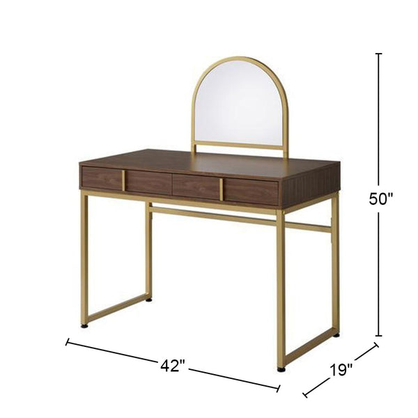 English Elm 2 Drawers Vanity Desk With Mirror & Jewelry Tray – Elegant Walnut & Gold Design For Compact Spaces B016P317505