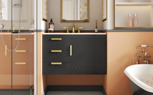 English Elm 30" Wall Mounted Bathroom Vanity with Ceramic Basin Sink, Floating Storage, Soft-Close Doors, Modern Elegance Black N710P324096B