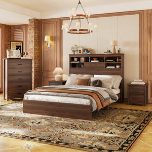 English Elm 4PCS Queen Bedroom Set with Storage Headboard & Built‑In Charging Station, 2 Nightstands, Dresser Walnut 54.25 L x 18.75 W x 9.25 H N733S307937W