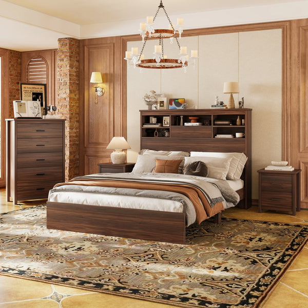 English Elm 4PCS Queen Bedroom Set with Storage Headboard & Built‑In Charging Station, 2 Nightstands, Dresser Walnut 54.25 L x 18.75 W x 9.25 H N733S307937W