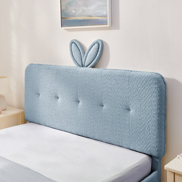 English Elm Queen Boucle Upholstered Kids Bed with Rabbit Ear Headboard Led Lighting Storage Drawers Navy W1413P384928