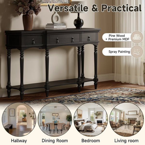 English Elm [video] Solid Pine Console Table Ornate Carved Legs Copper Hardware Soft-close Drawers Black N759P433566B
