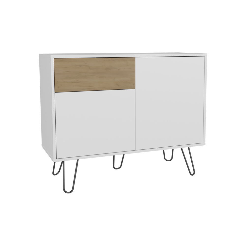 English Elm Tori 39" Console Table with Dual Cabinets, Drawer & Shelves — White & Natural Oak, Modern Storage Elegance B200P335294