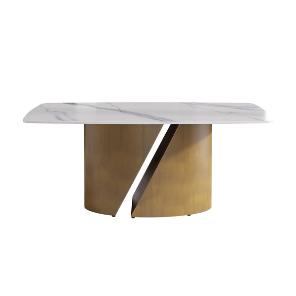 English Elm 70.86" Modern Dining Table With Curved White Sintered Stone Top & Bronze Iron Legs For 6-8 People W1535S00361