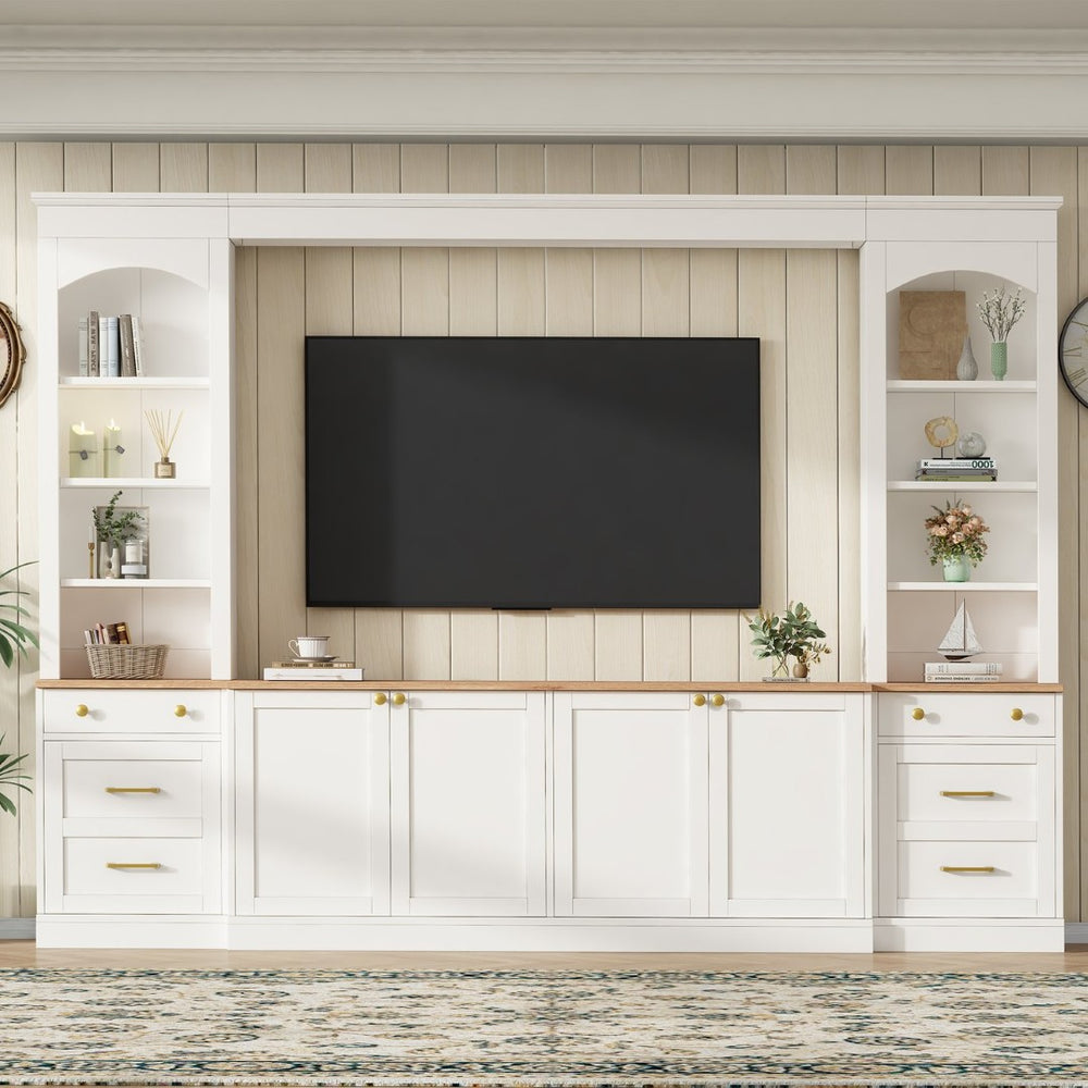 English Elm Farmhouse Arched Wall Entertainment Unit Wood Grain Media Console Fits Tvs to 70in White N721S000079K