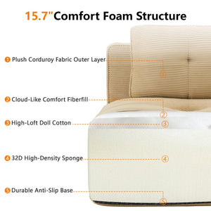 English Elm Modern Corduroy Sectional Sofa Deep Seat V Shape Tufted Couch with Movable Ottoman Camel W714S01588