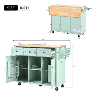 English Elm Kitchen Cart with Drop-Leaf Rubberwood Countertop, Rolling Island with Cabinet, Drawers & Racks for Dining Room - Stylish Durable Storage Solution Mint Green WF298028AAE