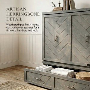English Elm Queen Murphy Cabinet Bed Pine Wood Geometric Panel Antique Grey with Usb Charging W504S00302