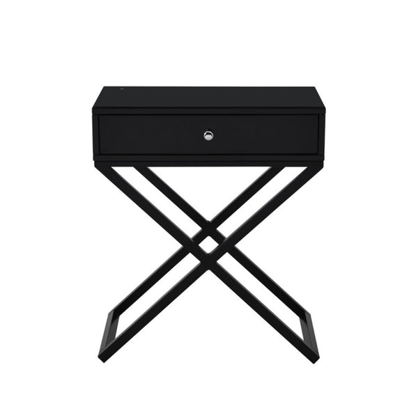 English Elm Koda Mixed Material Nightstand with Tempered Glass Top Drawer and Black Metal Cross Base B06177988