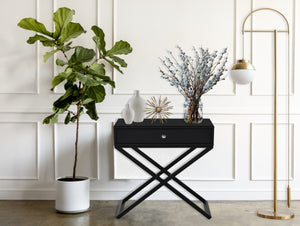 English Elm Koda Mixed Material Nightstand with Tempered Glass Top Drawer and Black Metal Cross Base B06177988