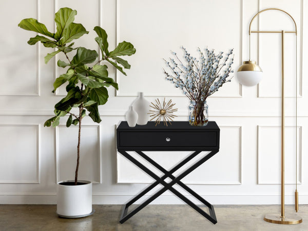 English Elm Koda Mixed Material Nightstand with Tempered Glass Top Drawer and Black Metal Cross Base B06177988
