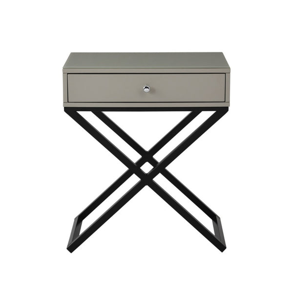 English Elm Koda Mixed Material Nightstand with Tempered Glass Top Drawer and Black Metal Cross Base Taupe B06177989