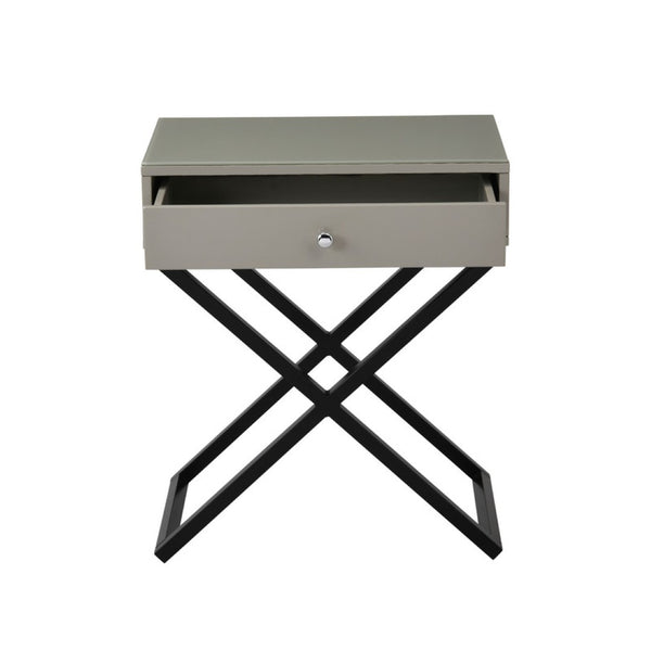 English Elm Koda Mixed Material Nightstand with Tempered Glass Top Drawer and Black Metal Cross Base Taupe B06177989