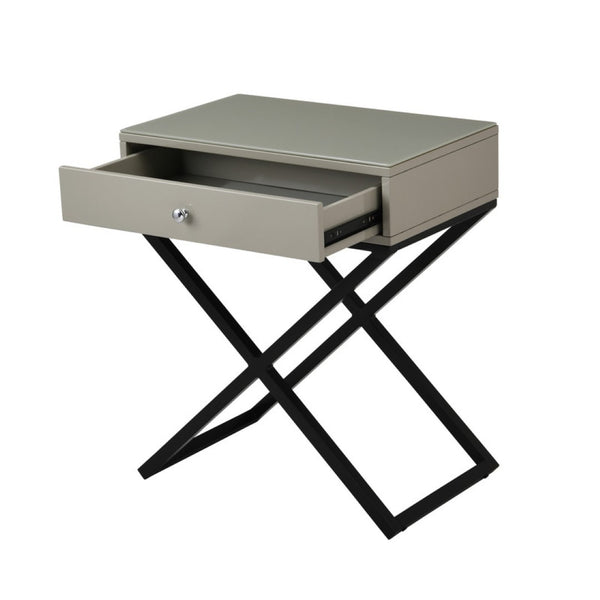 English Elm Koda Mixed Material Nightstand with Tempered Glass Top Drawer and Black Metal Cross Base Taupe B06177989