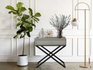 English Elm Koda Mixed Material Nightstand with Tempered Glass Top Drawer and Black Metal Cross Base Taupe B06177989
