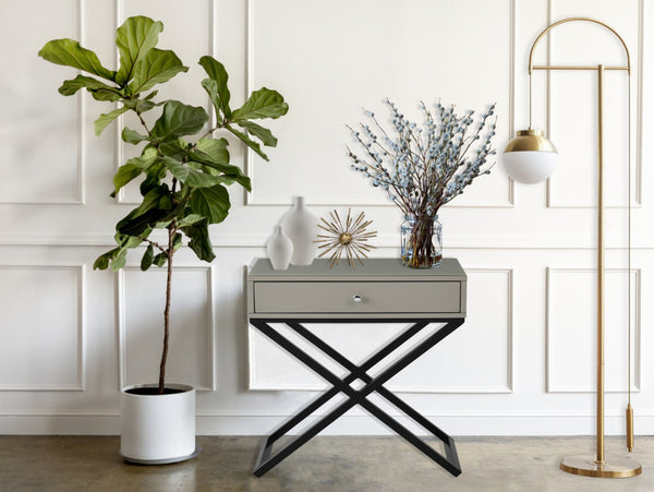 English Elm Koda Mixed Material Nightstand with Tempered Glass Top Drawer and Black Metal Cross Base Taupe B06177989
