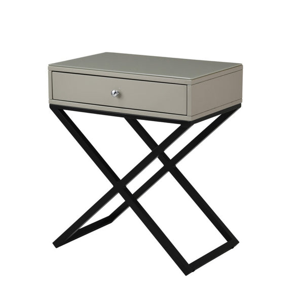 English Elm Koda Mixed Material Nightstand with Tempered Glass Top Drawer and Black Metal Cross Base Taupe B06177989